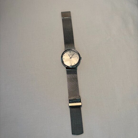 Skagen Silver Mesh Band Watch Minimalist Cream Face Unisex Timepiece - Picture 1 of 8